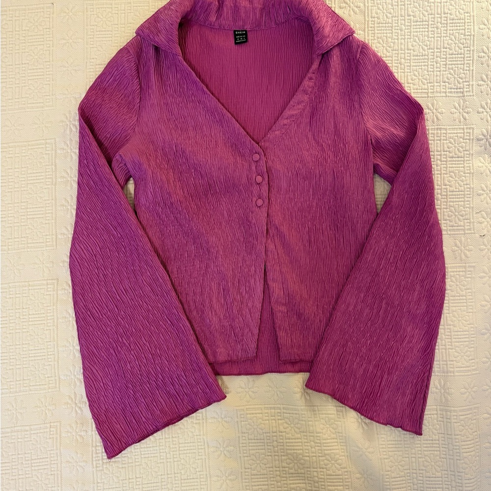 SHEIN Fuchsia Textured V-Neck Blouse